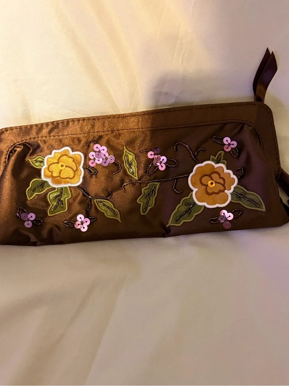 Avon 2006 Brown Satin Floral Embroidered Sequin Clutch Y2K Evening Bag